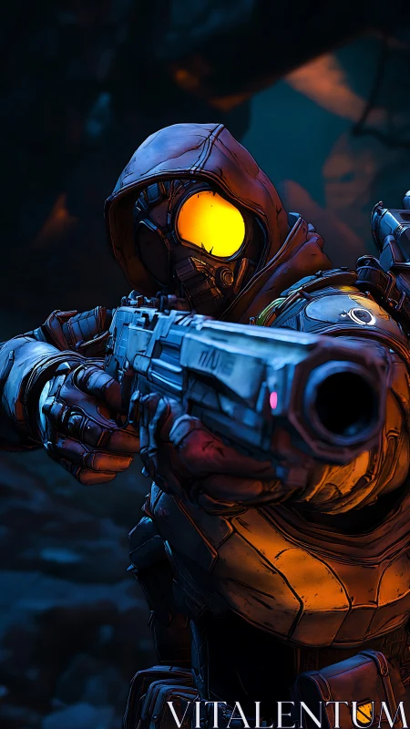 Hooded sci fi marksman with glowing visor in tactical pose.