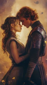 Romantic Fantasy Embrace Under Luminous Golden Atmosphere.