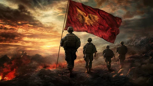Soldiers advancing under large red flag in burning landscape.