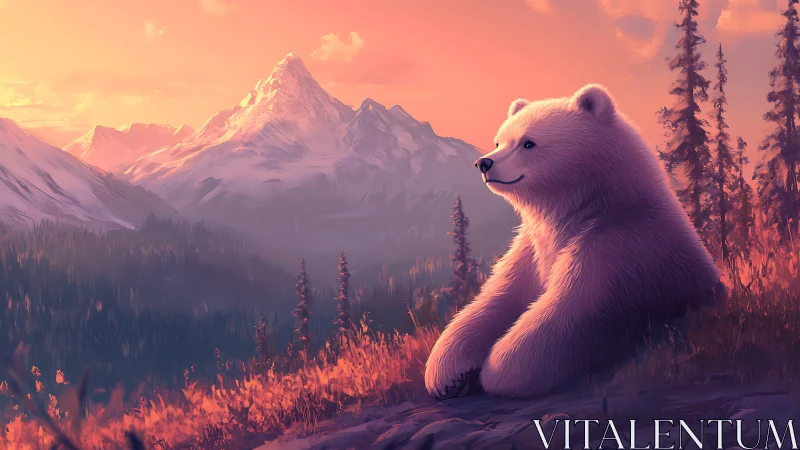 Digital bear illustration depicts alpine landscape at sunset