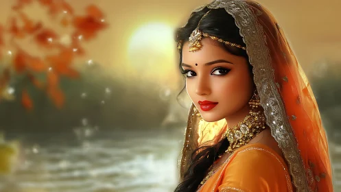 Bridal portrait in saffron sari at golden river sunset.