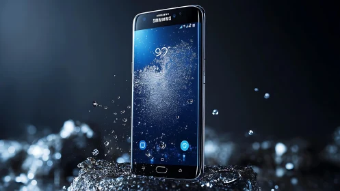 Water-resistant smartphone stands upright amid dynamic splash