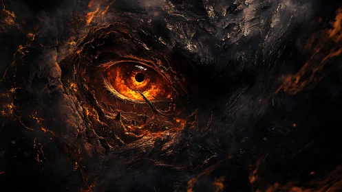 Molten demonic eye emerges from charred volcanic darkness