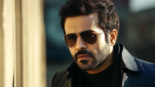 Stylish bearded man in sunglasses and leather jacket portrait.