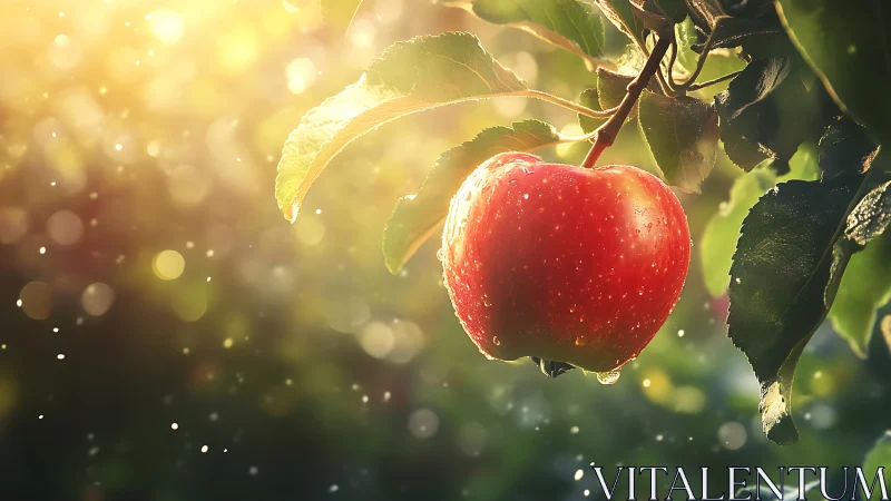 Red apple hangs in warm backlit orchard sunlight