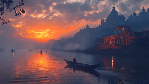 Soft dawn glow welcomes quiet boats by misty river temples