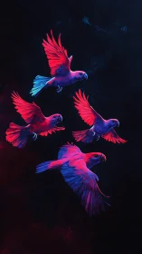 Neon parrots streak through deep midnight void sky