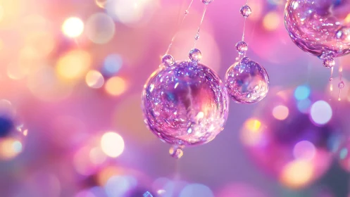 Glowing glass spheres against soft pink and purple bokeh.
