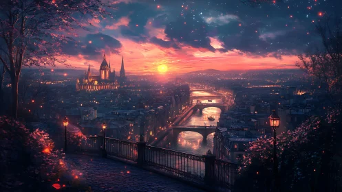 Twilight riverside cityscape under glowing magenta sunset sky.