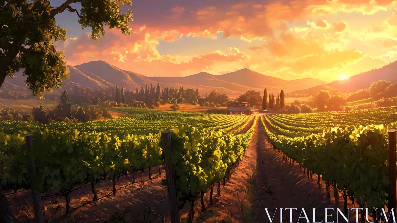 Sunlit vineyard rows under glowing Tuscan sunset sky.