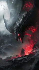 Volcanic abyss frames a colossal demonic dragon confronting warrior
