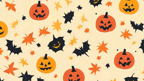 Playful jack-o&rsquo;-lanterns dance among autumn leaves and bats