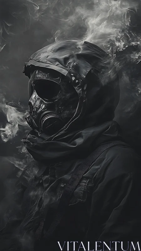 Mysterious wanderer in a gas mask cloaked in swirling smoke.