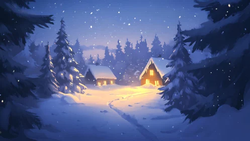 Cozy winter cabins glowing softly under a snowy night sky.