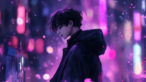 Side-profile youth stands in neon cityscape at night
