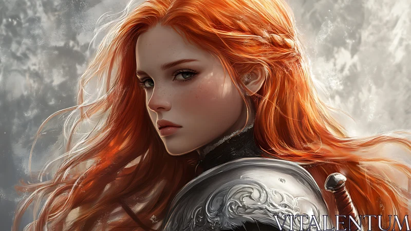 Fiery haired warrior gazes back with quiet steel resolve.