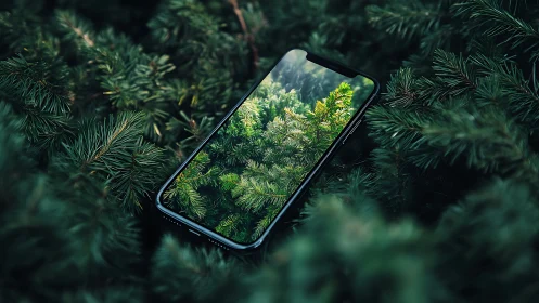 Smartphone Display Exhibiting Photorealistic Forest Canopy Rendering.
