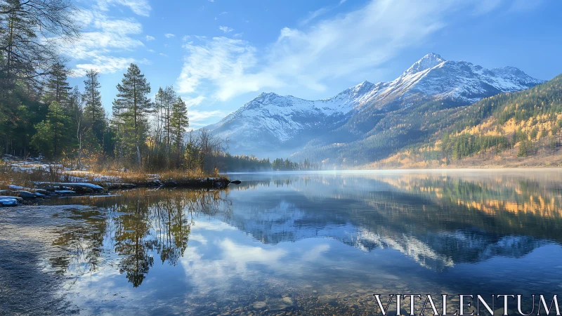 Snowlit peaks mirror in a glassy alpine lake at blue dawn.