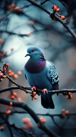 Iridescent pigeon rests on a moody branch in soft twilight