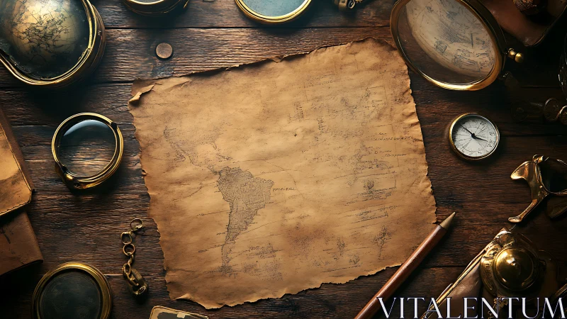 Old nautical map and instruments arranged on wooden table