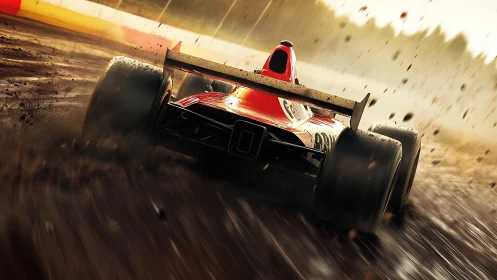 Red formula racer carving chaos through a rain-slick track.