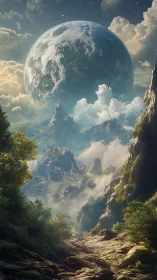 Dreamlike mountain path beneath a gentle looming planet.