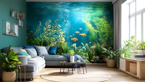 Underwater daydream lounge where coral-colored fish drift.