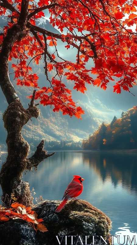 Crimson cardinal beneath fiery maple over still mountain lake.