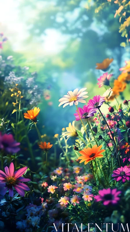 Vibrant Garden Path Through Colorful Wildflowers at Golden Hour.