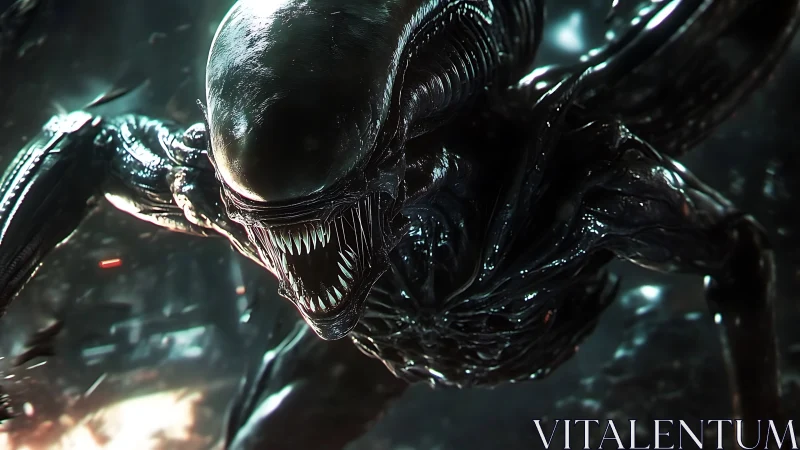 Aggressive biomechanical alien lunging in dark corridor.