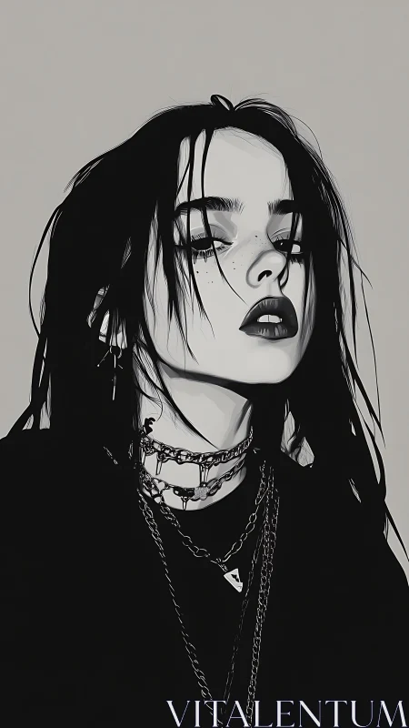 Monochrome goth portrait with wet hair and layered chains.