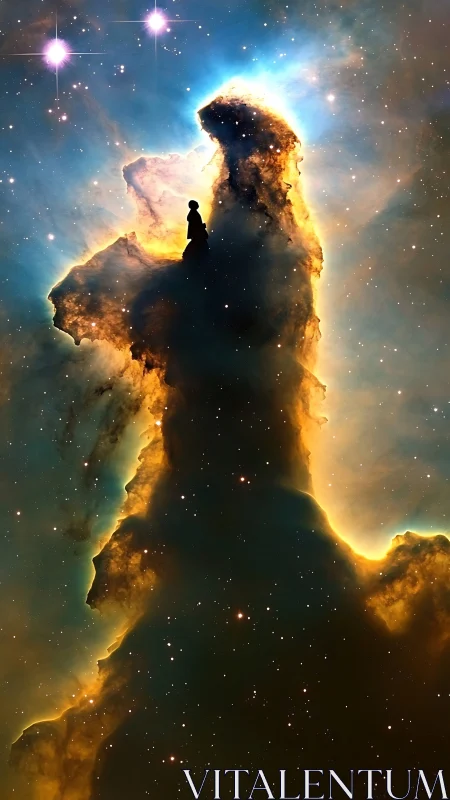 Cosmic silhouette atop glowing nebula pillar at dusk.