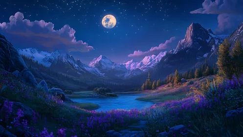Moonlit alpine valley landscape shows lake, peaks and stars