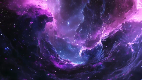 Violet nebula cloudscape with starfield structures in space.