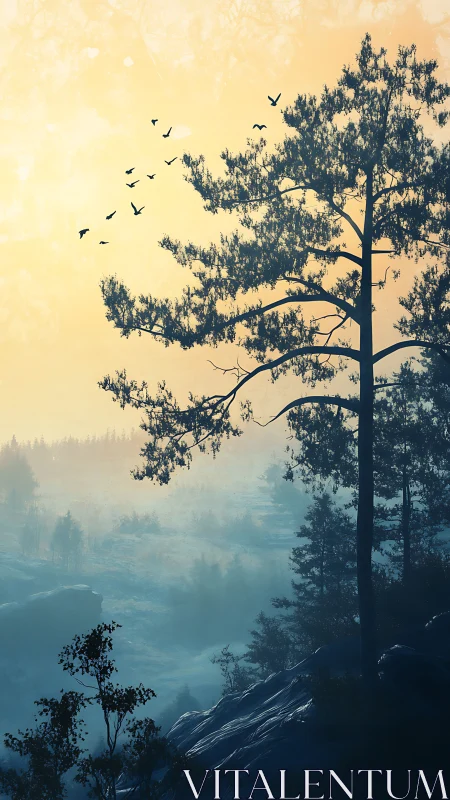 Morning mist braids light and shadow through the cliffside pines