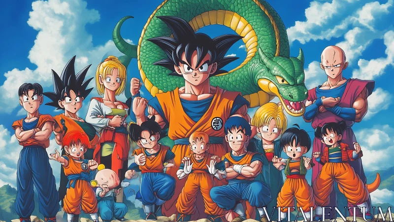 Dragon Ball heroes unite under Shenron in vivid blue skies.