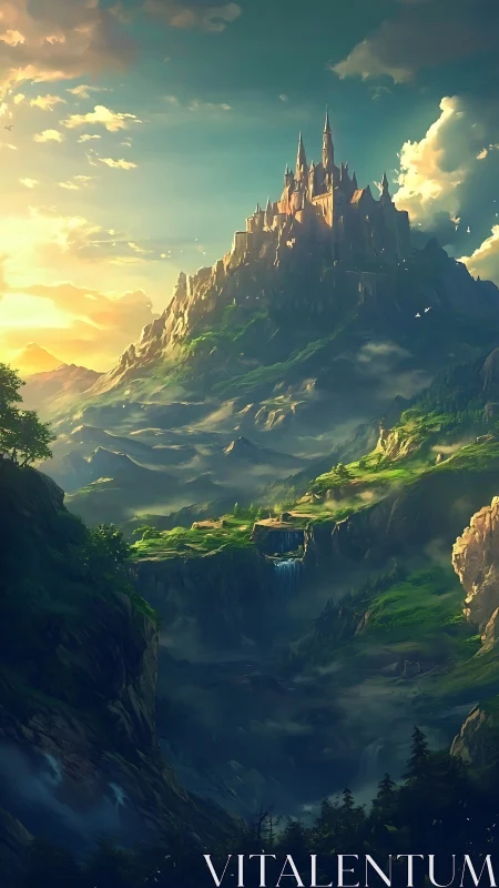 Sunlit sky-castle crowning misty emerald highlands.