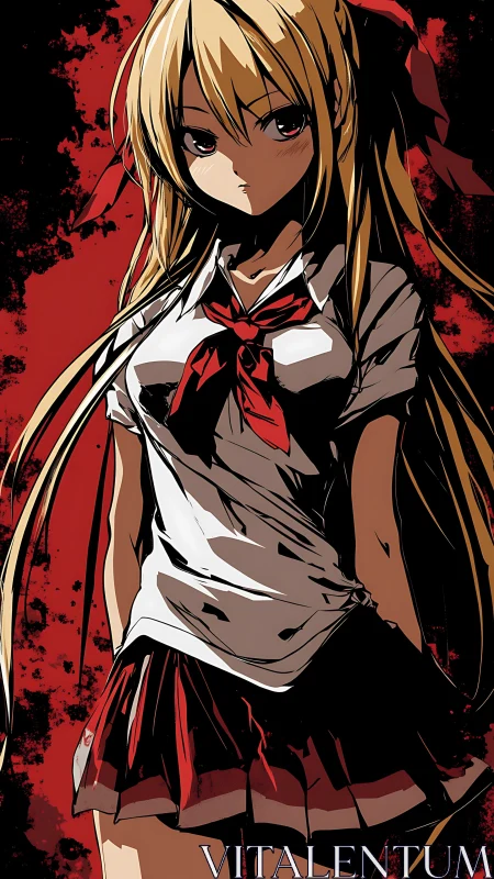 Defiant blonde anime schoolgirl in distressed uniform, red backdrop