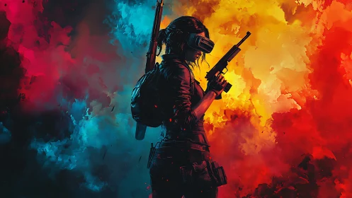 Cyber soldier framed by dual-tone explosive nebula clouds.