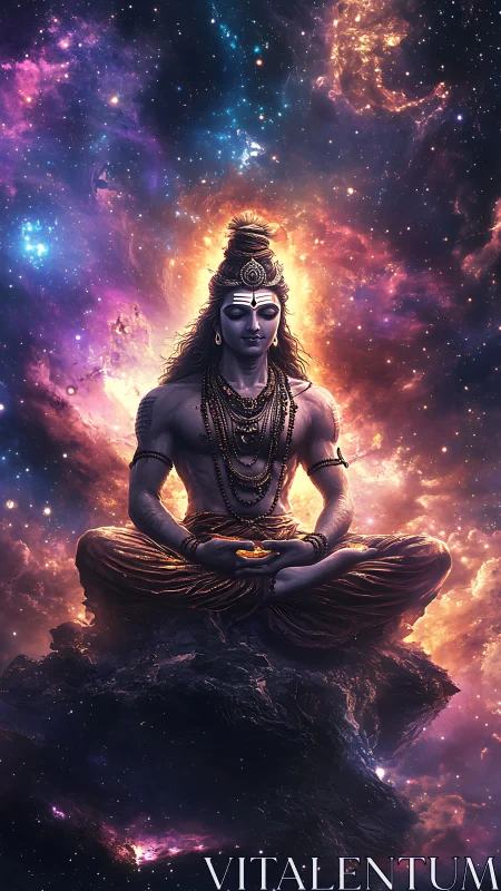 Cosmic meditation of blue-skinned deity amid nebular radiation