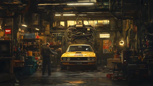 Rustic urban garage with yellow muscle car under repair.