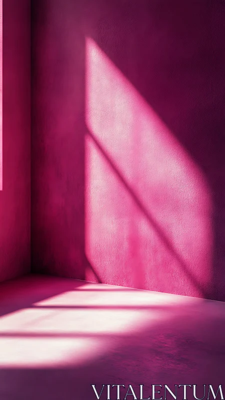 Sunlit pink corner with elongated geometric window shadows.