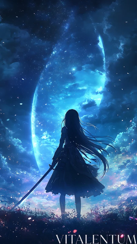 Sword-bearing girl gazes at luminous crescent sky portal.