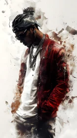 Digital portrait of man in red jacket with abstract smoke.