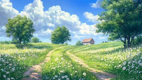 Country path curves through summer meadow toward distant cottage