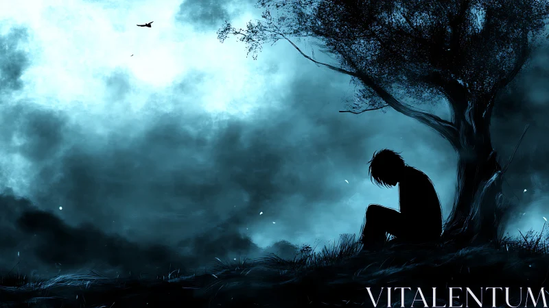 Quiet night of blue reflection beneath a sheltering tree.