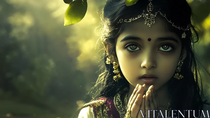 Child in traditional adornment gazes forward in ethereal light