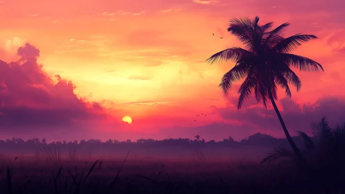 Digital painting sunset with silhouetted palm tree geometry.