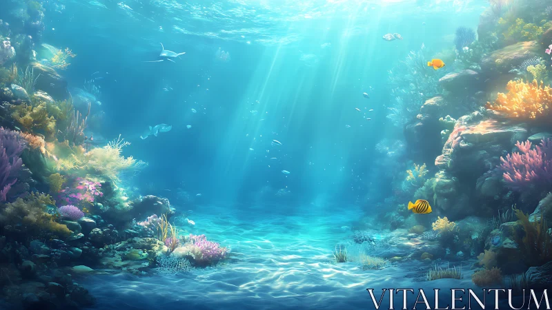 Digital painting of sunlit coral reef canyon composition.