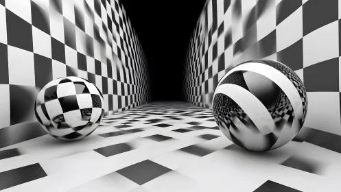 Playful chrome spheres in a bold black and white corridor.